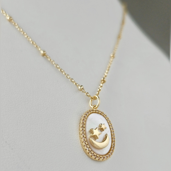 Champagne Gold Necklace with Mother Of Pearl, Oval Star and Moon - Picture 3 of 8